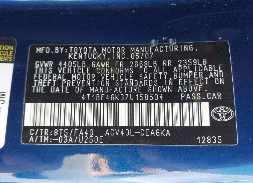 Photo 9 of 2007 Toyota Camry XLE (VIN 4T1BE46K37U158504)
