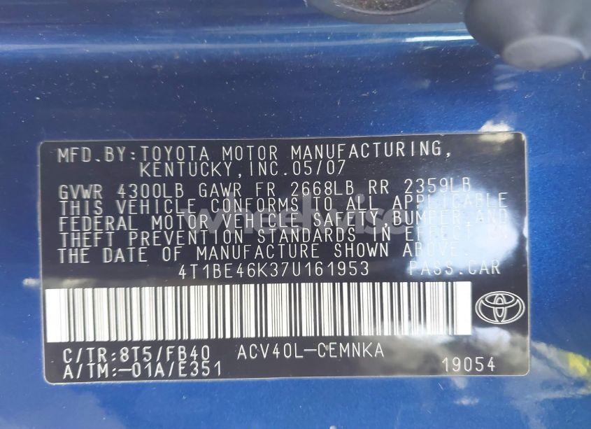 Photo 9 of 2007 Toyota Camry CE (VIN 4T1BE46K37U161953)