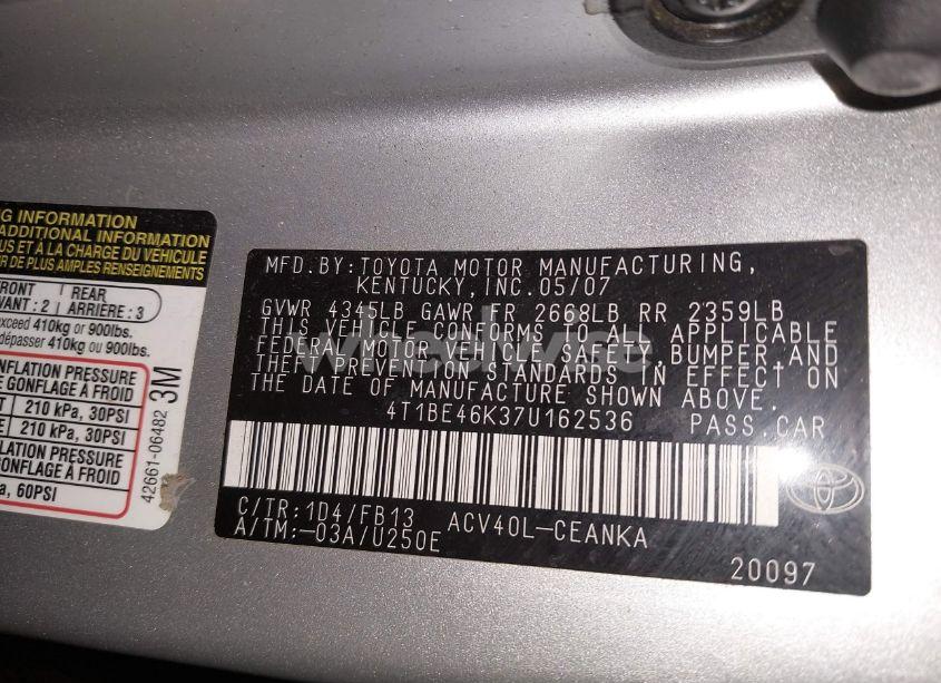 Photo 9 of 2007 Toyota Camry LE (VIN 4T1BE46K37U162536)