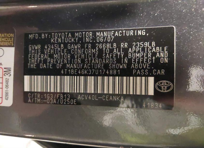 Photo 9 of 2007 Toyota Camry LE (VIN 4T1BE46K37U174881)