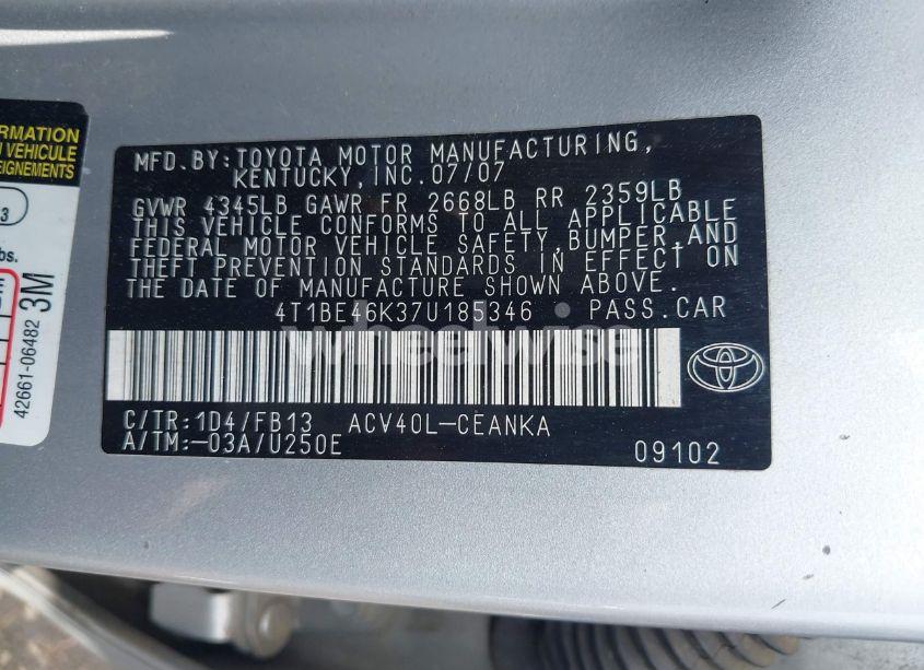 Photo 9 of 2007 Toyota Camry CE/LE/SE/XLE (VIN 4T1BE46K37U185346)