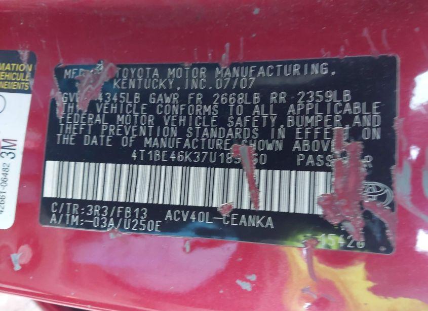 Photo 9 of 2007 Toyota Camry LE (VIN 4T1BE46K37U189560)