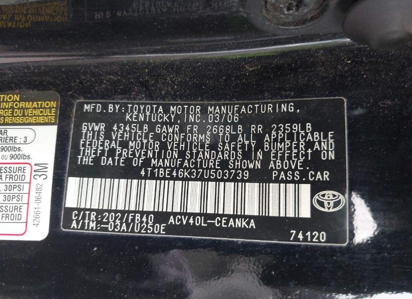 Photo 9 of 2007 Toyota Camry LE (VIN 4T1BE46K37U503739)