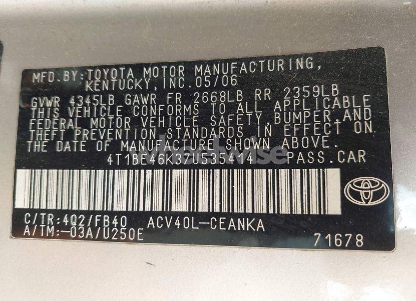 Photo 9 of 2007 Toyota Camry LE (VIN 4T1BE46K37U535414)