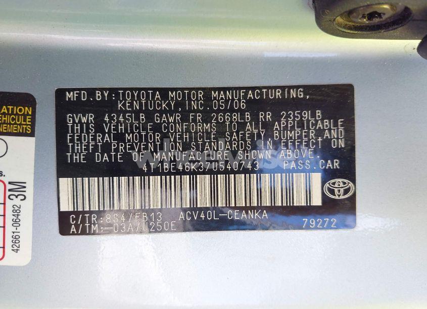 Photo 9 of 2007 Toyota Camry LE (VIN 4T1BE46K37U540743)