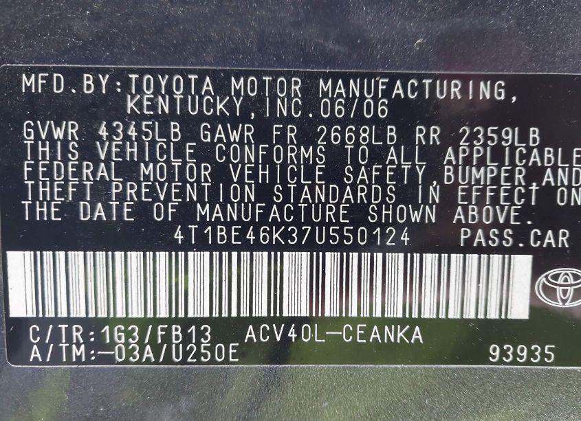 Photo 9 of 2007 Toyota Camry LE (VIN 4T1BE46K37U550124)