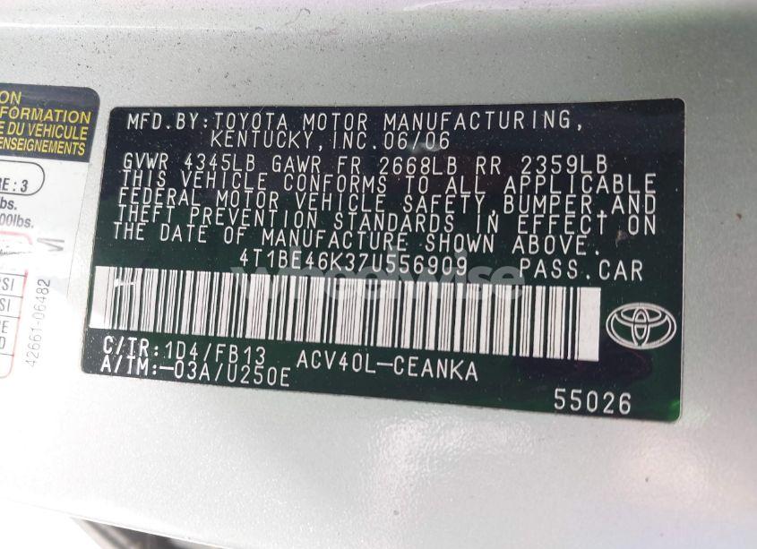 Photo 9 of 2007 Toyota Camry LE (VIN 4T1BE46K37U556909)