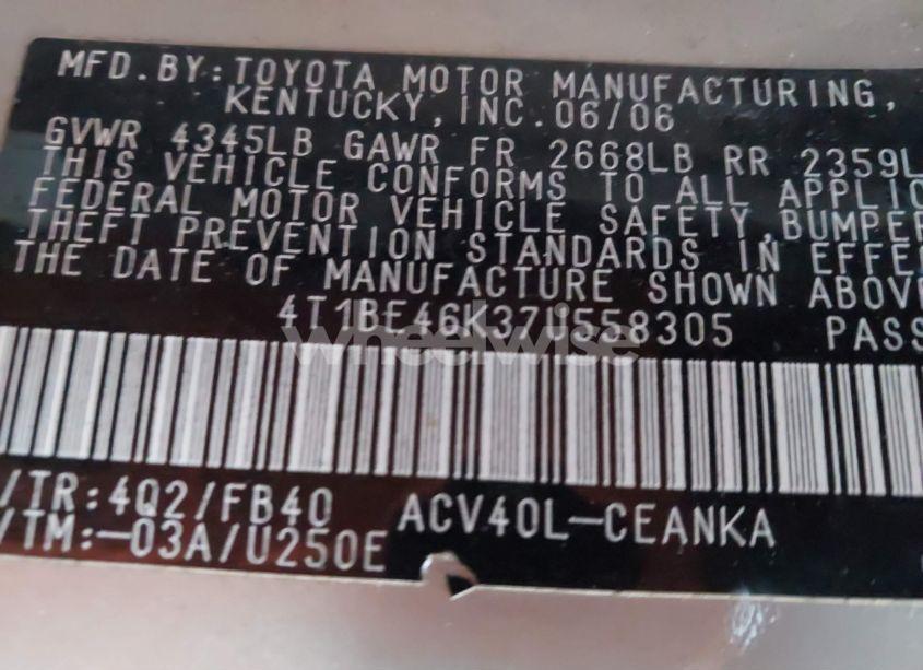 Photo 9 of 2007 Toyota Camry LE (VIN 4T1BE46K37U558305)