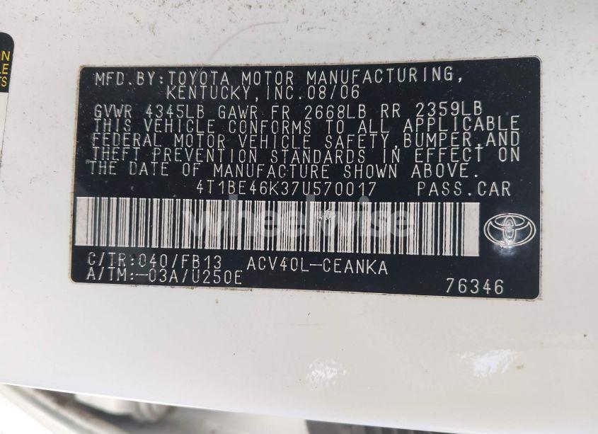 Photo 9 of 2007 Toyota Camry LE (VIN 4T1BE46K37U570017)