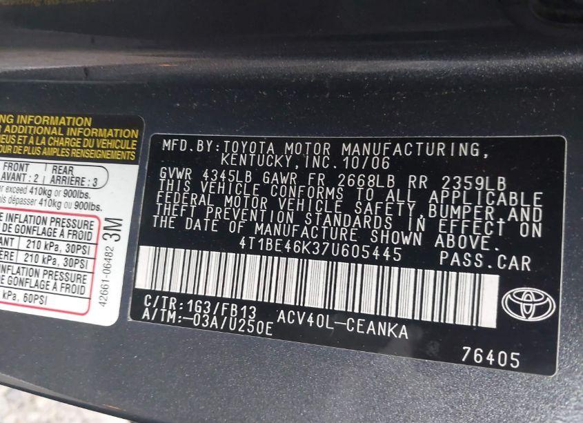 Photo 9 of 2007 Toyota Camry LE (VIN 4T1BE46K37U605445)