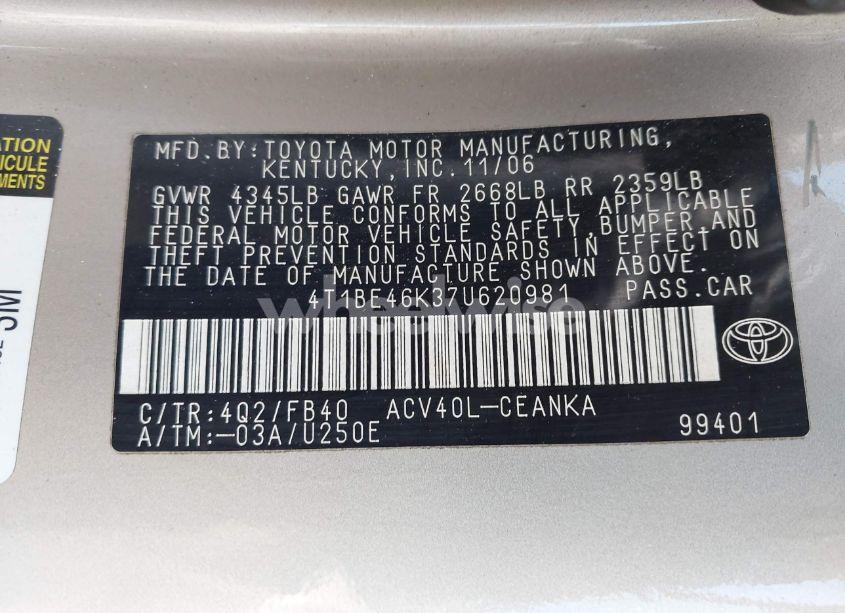 Photo 9 of 2007 Toyota Camry LE (VIN 4T1BE46K37U620981)