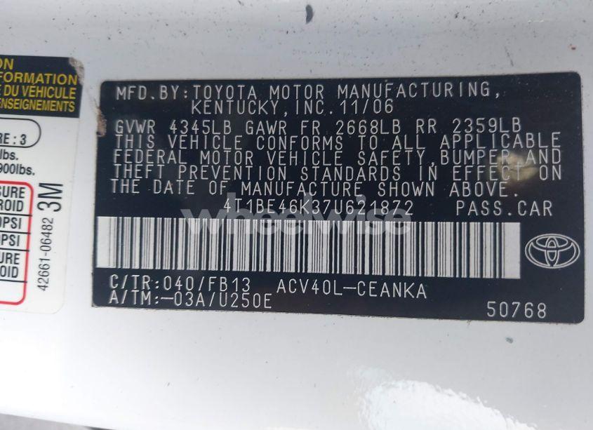 Photo 9 of 2007 Toyota Camry LE (VIN 4T1BE46K37U621872)