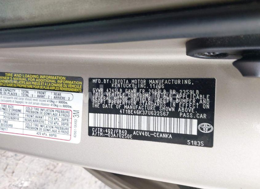 Photo 9 of 2007 Toyota Camry LE (VIN 4T1BE46K37U622567)