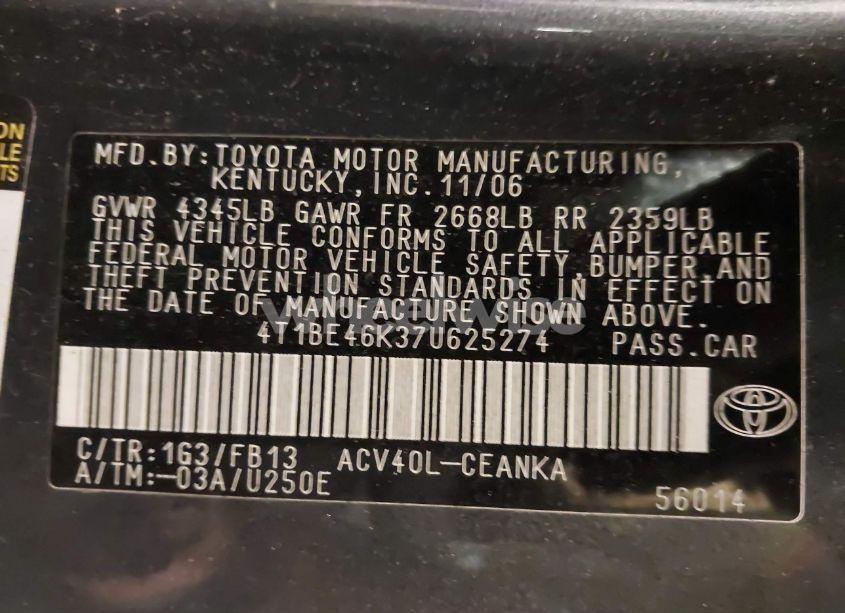 Photo 9 of 2007 Toyota Camry LE (VIN 4T1BE46K37U625274)