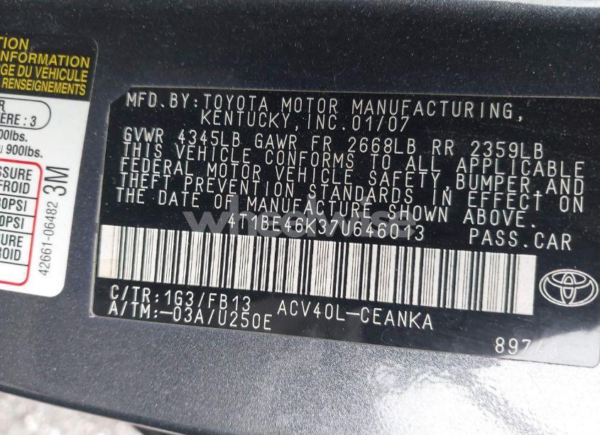 Photo 9 of 2007 Toyota Camry LE (VIN 4T1BE46K37U646013)