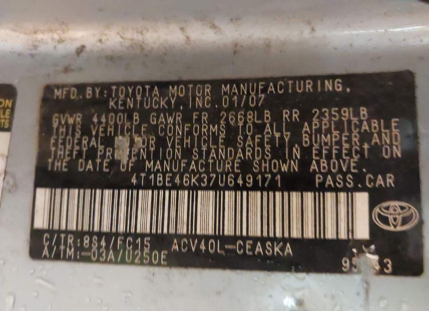 Photo 9 of 2007 Toyota Camry SE (VIN 4T1BE46K37U649171)