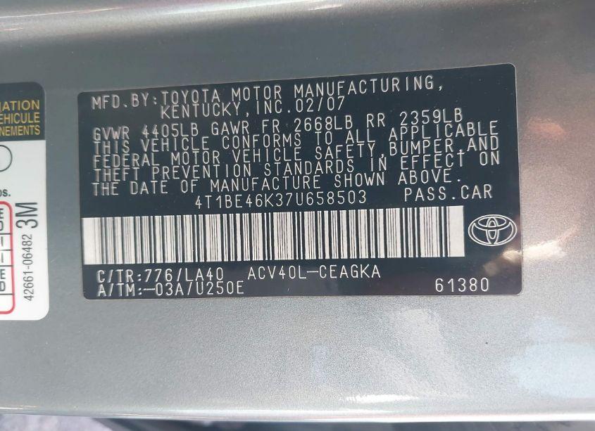 Photo 9 of 2007 Toyota Camry XLE (VIN 4T1BE46K37U658503)