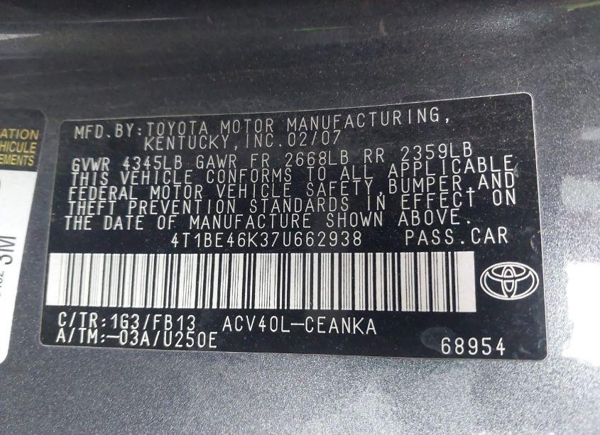 Photo 9 of 2007 Toyota Camry LE (VIN 4T1BE46K37U662938)