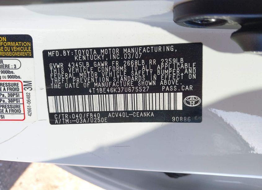 Photo 9 of 2007 Toyota Camry LE (VIN 4T1BE46K37U675527)
