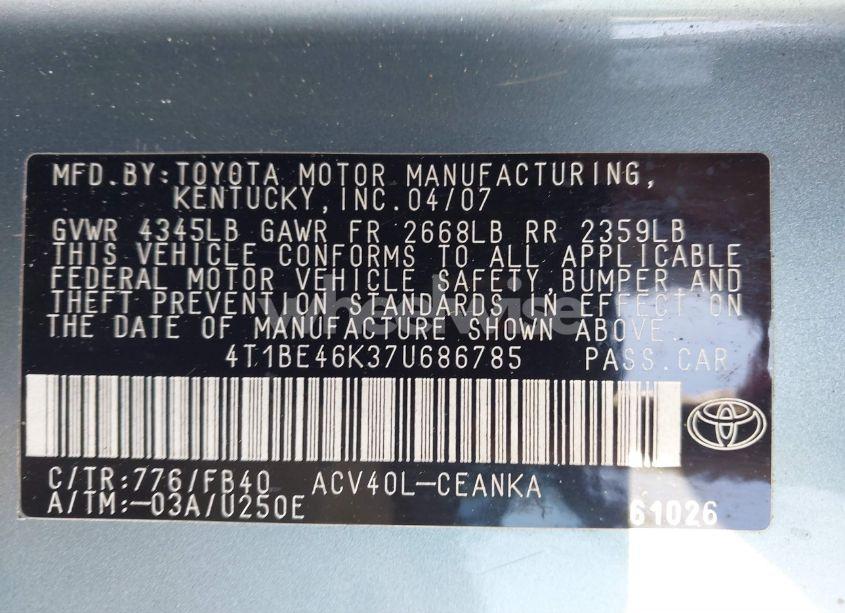 Photo 9 of 2007 Toyota Camry LE (VIN 4T1BE46K37U686785)