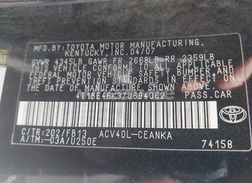 Photo 9 of 2007 Toyota Camry LE (VIN 4T1BE46K37U694062)