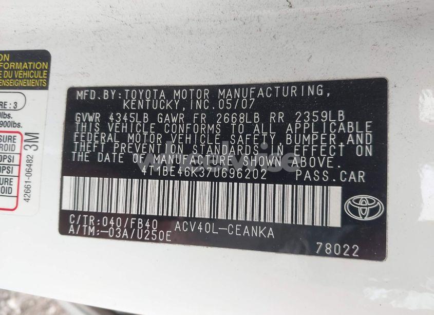Photo 9 of 2007 Toyota Camry LE (VIN 4T1BE46K37U696202)