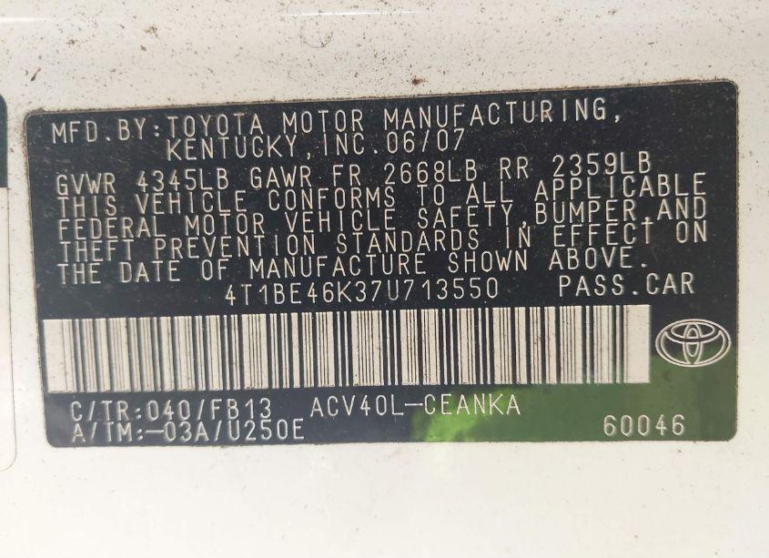 Photo 9 of 2007 Toyota Camry CE (VIN 4T1BE46K37U713550)