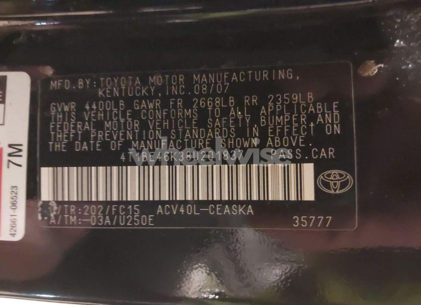 Photo 9 of 2008 Toyota Camry SE (VIN 4T1BE46K38U201837)