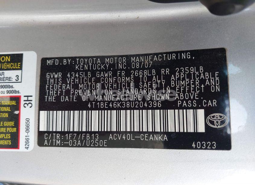 Photo 9 of 2008 Toyota Camry LE (VIN 4T1BE46K38U204396)