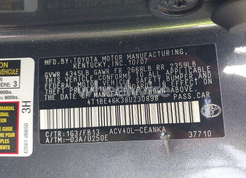 Photo 9 of 2008 Toyota Camry LE (VIN 4T1BE46K38U230898)