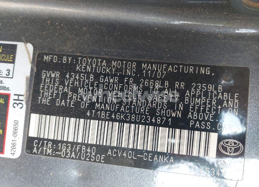 Photo 9 of 2008 Toyota Camry LE (VIN 4T1BE46K38U234871)