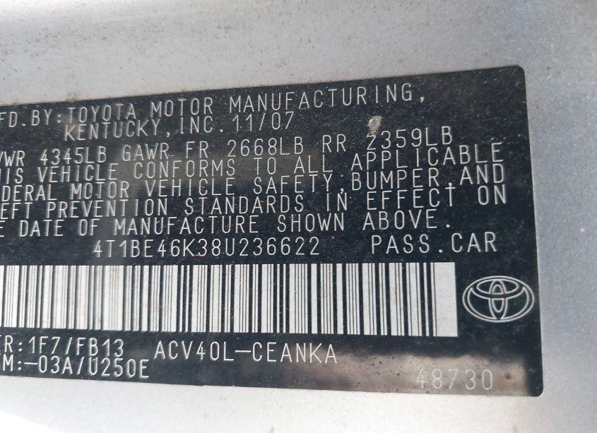 Photo 9 of 2008 Toyota Camry LE (VIN 4T1BE46K38U236622)