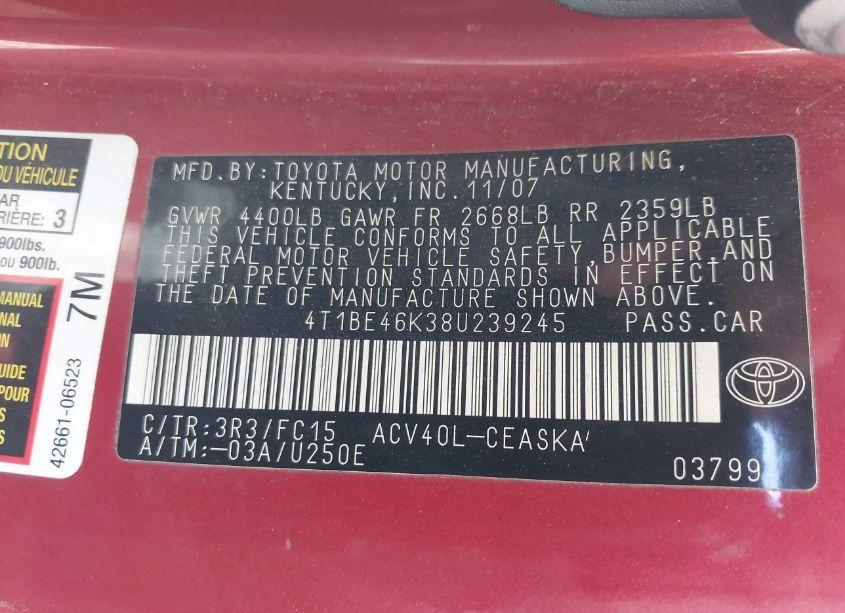 Photo 9 of 2008 Toyota Camry SE (VIN 4T1BE46K38U239245)