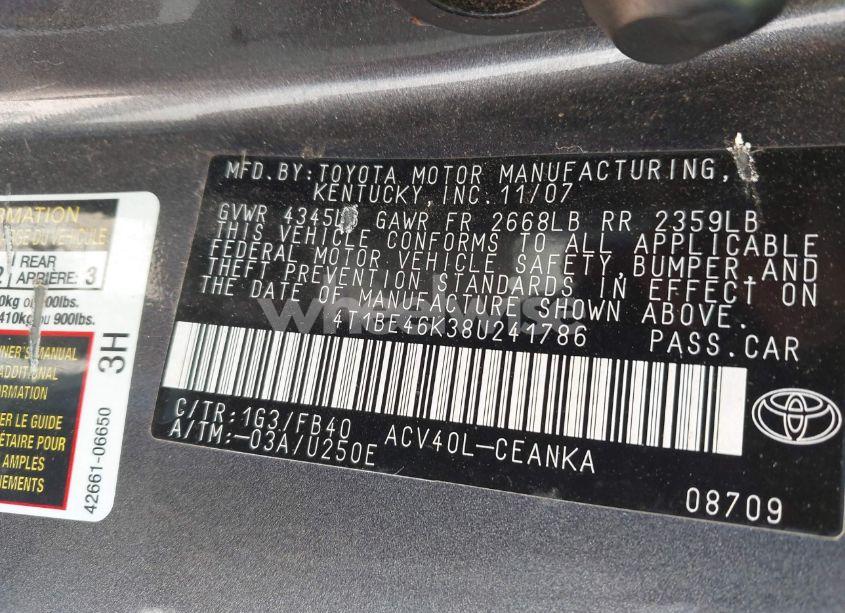 Photo 9 of 2008 Toyota Camry LE (VIN 4T1BE46K38U241786)