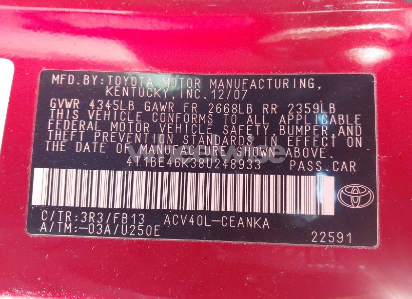 Photo 9 of 2008 Toyota Camry LE (VIN 4T1BE46K38U248933)