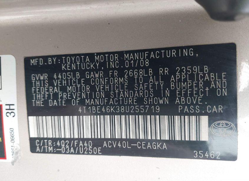 Photo 9 of 2008 Toyota Camry XLE (VIN 4T1BE46K38U255719)