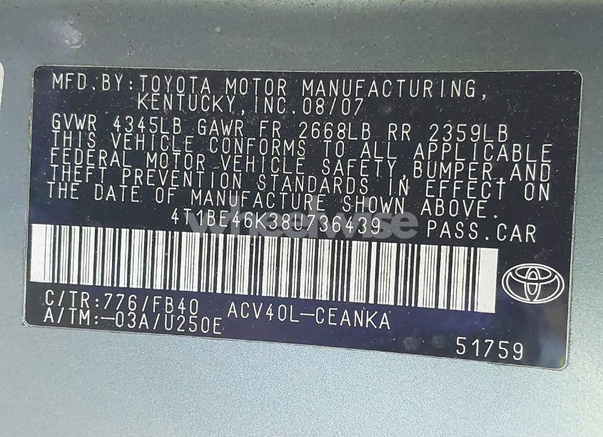 Photo 9 of 2008 Toyota Camry LE (VIN 4T1BE46K38U736439)