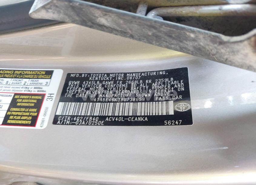 Photo 9 of 2008 Toyota Camry LE (VIN 4T1BE46K38U738658)