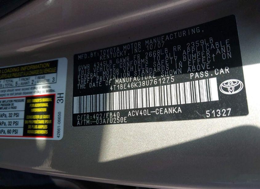 Photo 9 of 2008 Toyota Camry LE (VIN 4T1BE46K38U761275)