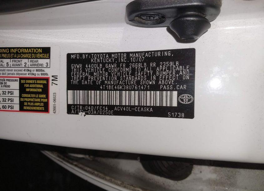 Photo 9 of 2008 Toyota Camry SE (VIN 4T1BE46K38U761471)