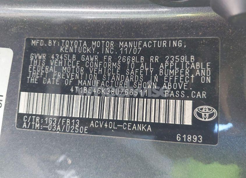 Photo 9 of 2008 Toyota Camry LE (VIN 4T1BE46K38U766511)