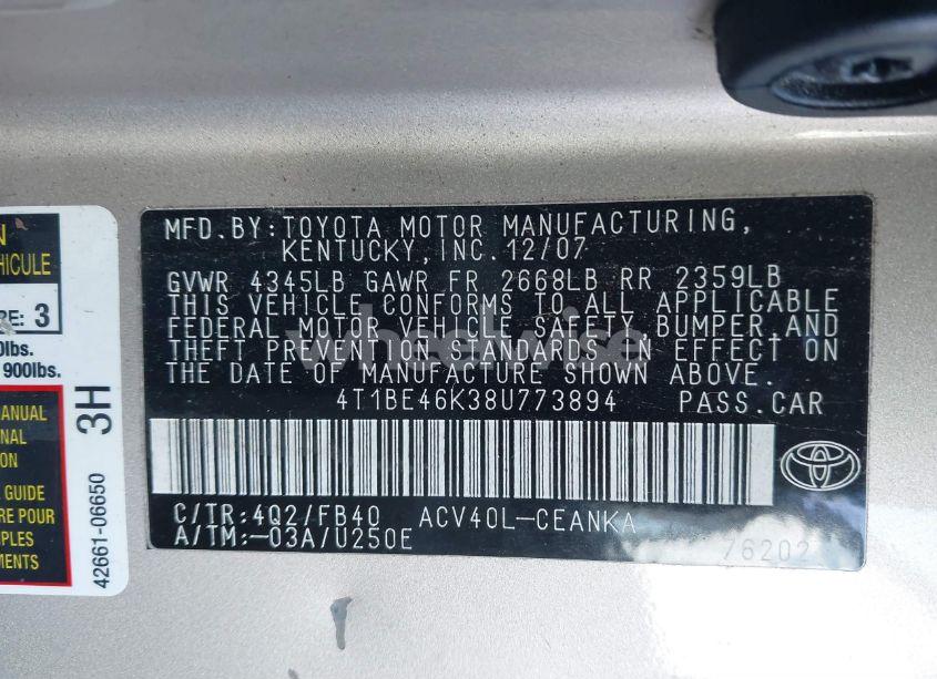 Photo 9 of 2008 Toyota Camry LE (VIN 4T1BE46K38U773894)