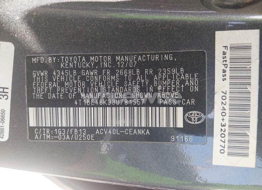 Photo 9 of 2008 Toyota Camry LE (VIN 4T1BE46K38U781557)