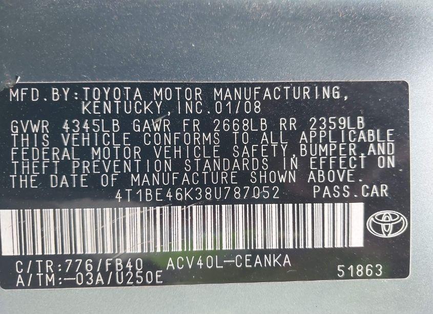 Photo 9 of 2008 Toyota Camry LE (VIN 4T1BE46K38U787052)