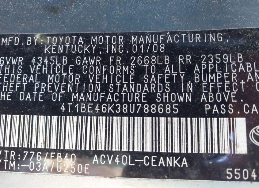 Photo 9 of 2008 Toyota Camry LE (VIN 4T1BE46K38U788685)