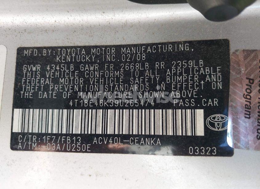 Photo 9 of 2009 Toyota Camry LE (VIN 4T1BE46K39U265474)