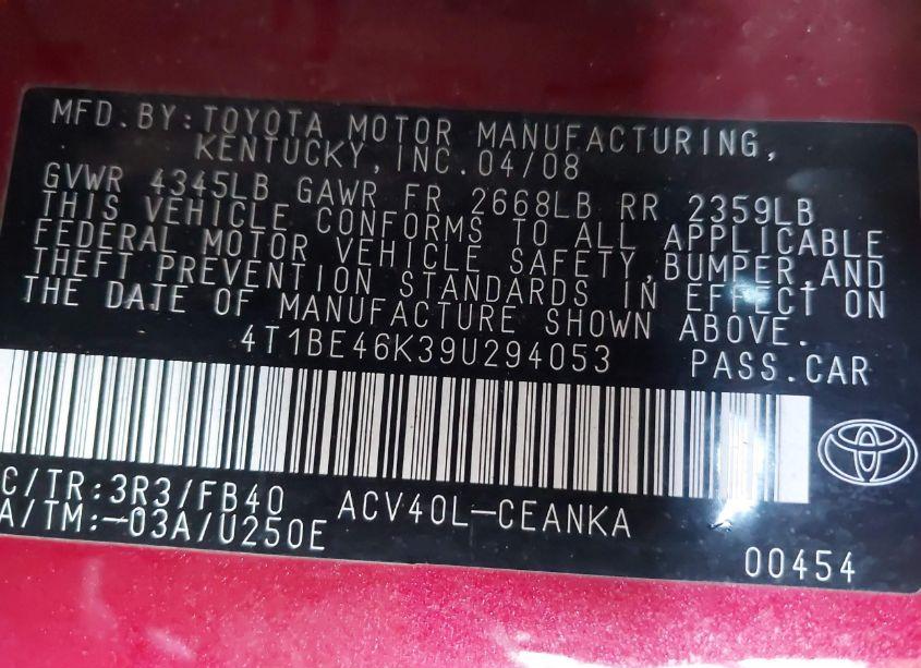 Photo 9 of 2009 Toyota Camry LE (VIN 4T1BE46K39U294053)