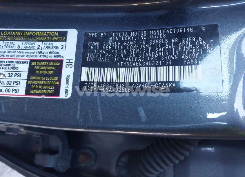 Photo 9 of 2009 Toyota Camry LE (VIN 4T1BE46K39U321154)