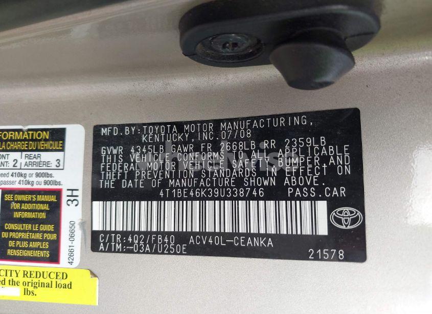 Photo 9 of 2009 Toyota Camry LE (VIN 4T1BE46K39U338746)