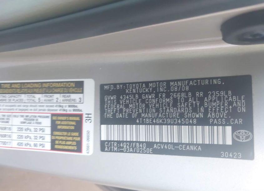 Photo 9 of 2009 Toyota Camry LE (VIN 4T1BE46K39U345048)
